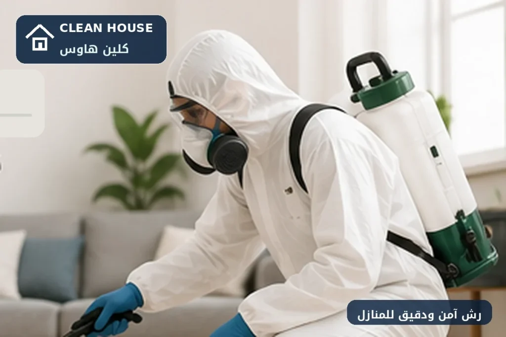 رش ومكافحة الحشرات داخل منزل بحي مذينب بواسطة معدات متخصصة