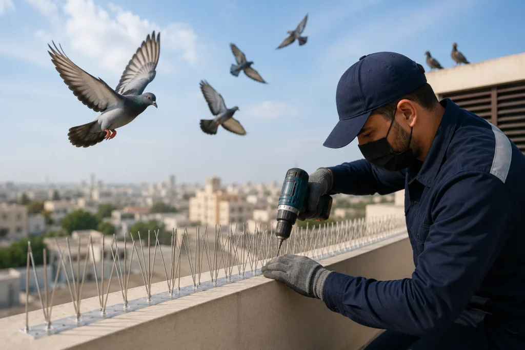 فني تركيب أشواك طارد الحمام على سطح بحي السلام - كلين هاوس
