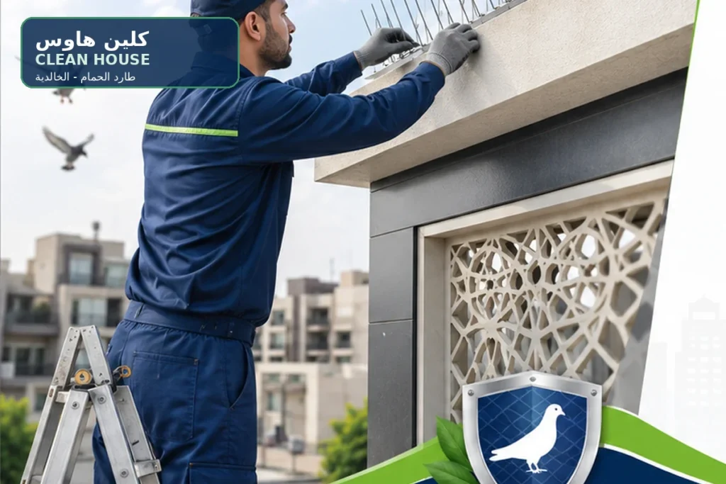 فني يثبت طارد الحمام على حافة مبنى بحي الخالدية - كلين هاوس